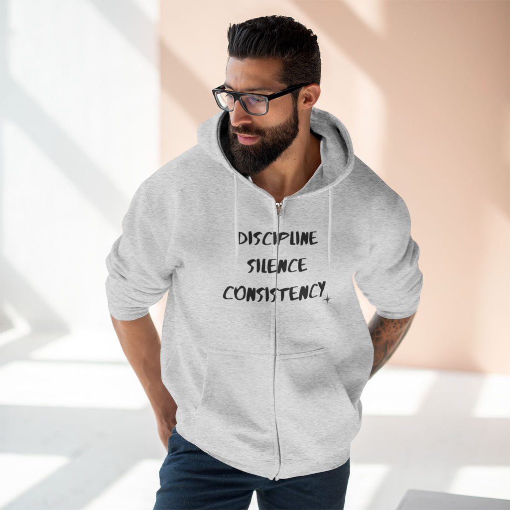 Discipline Silence Consistency Zip Hoodie — Motivational Fitness Zip-Up