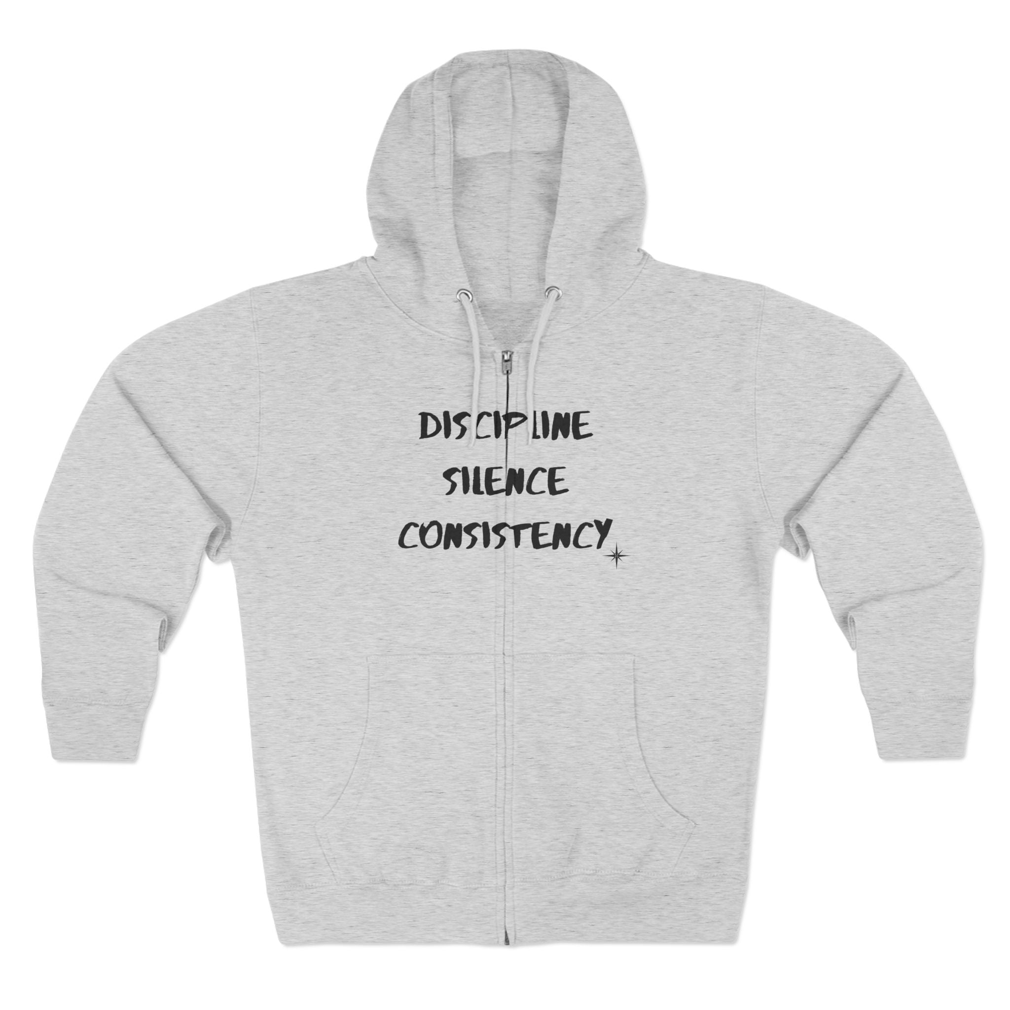 Discipline Silence Consistency Zip Hoodie — Motivational Fitness Zip-Up