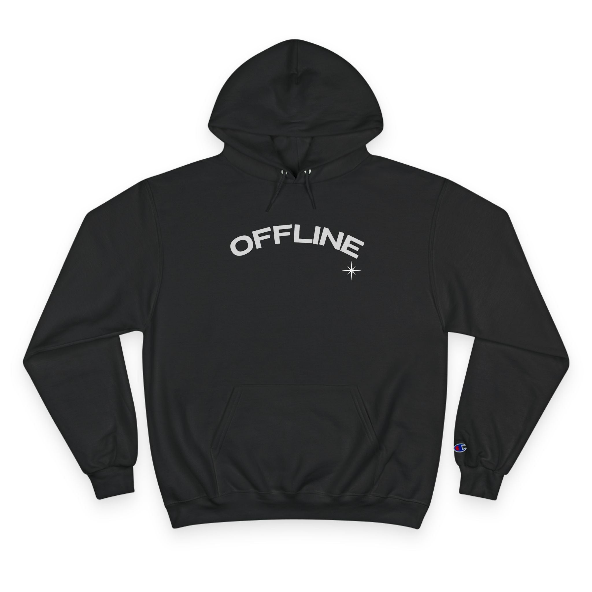 Offline Champion Hoodie - Black Graphic Pullover with 'OFFLINE' Retro Star