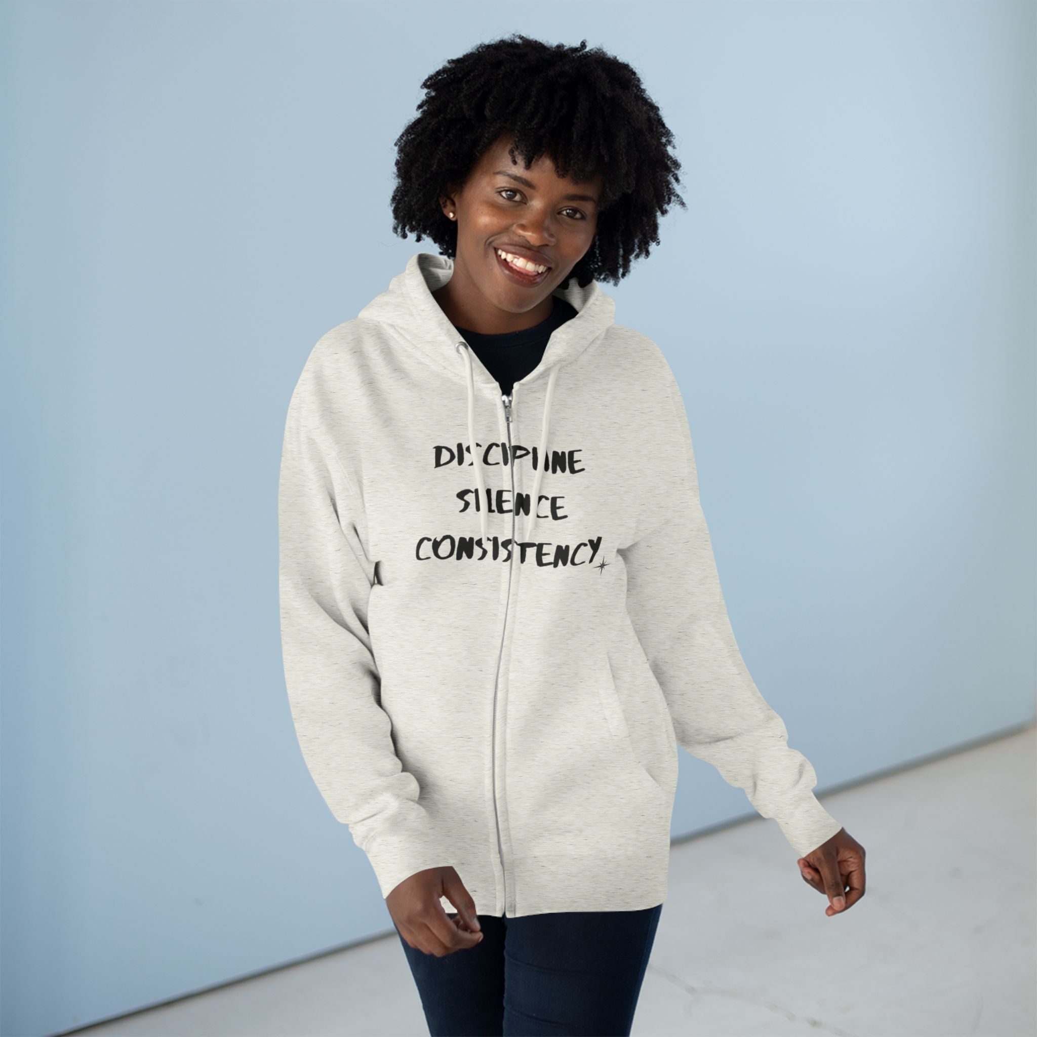 Discipline Silence Consistency Zip Hoodie — Motivational Fitness Zip-Up