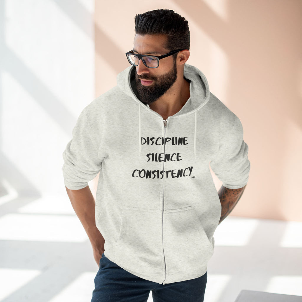 Discipline Silence Consistency Zip Hoodie — Motivational Fitness Zip-Up
