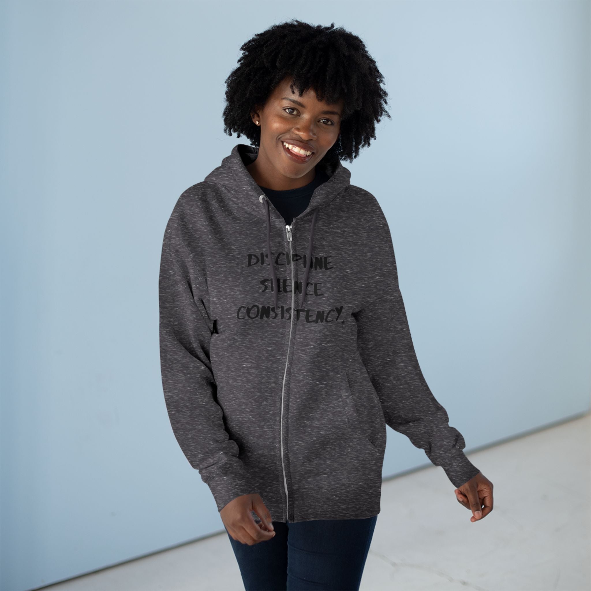 Discipline Silence Consistency Zip Hoodie — Motivational Fitness Zip-Up