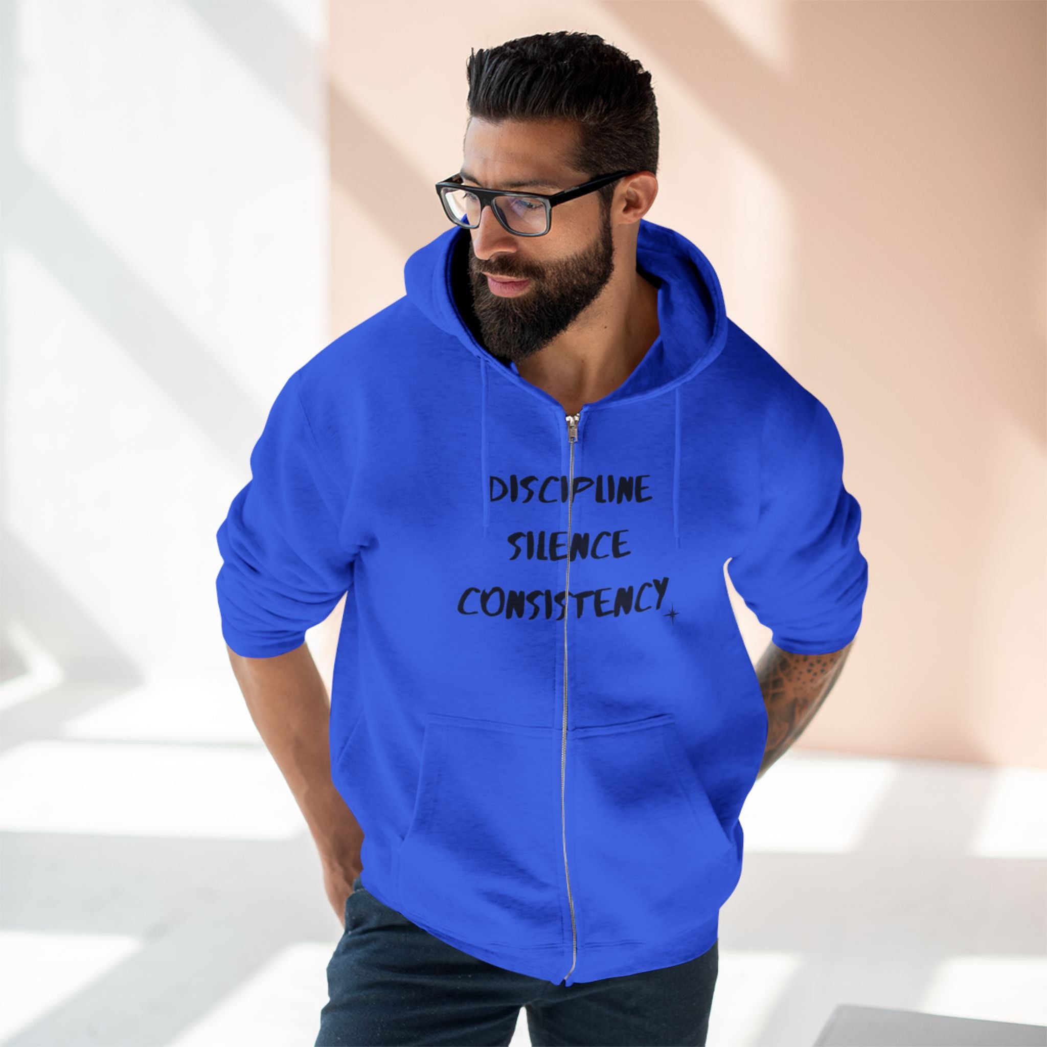 Discipline Silence Consistency Zip Hoodie — Motivational Fitness Zip-Up