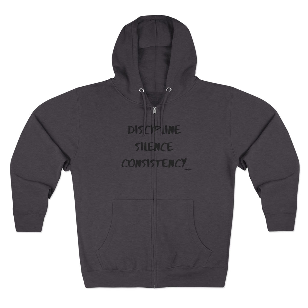 Discipline Silence Consistency Zip Hoodie — Motivational Fitness Zip-Up