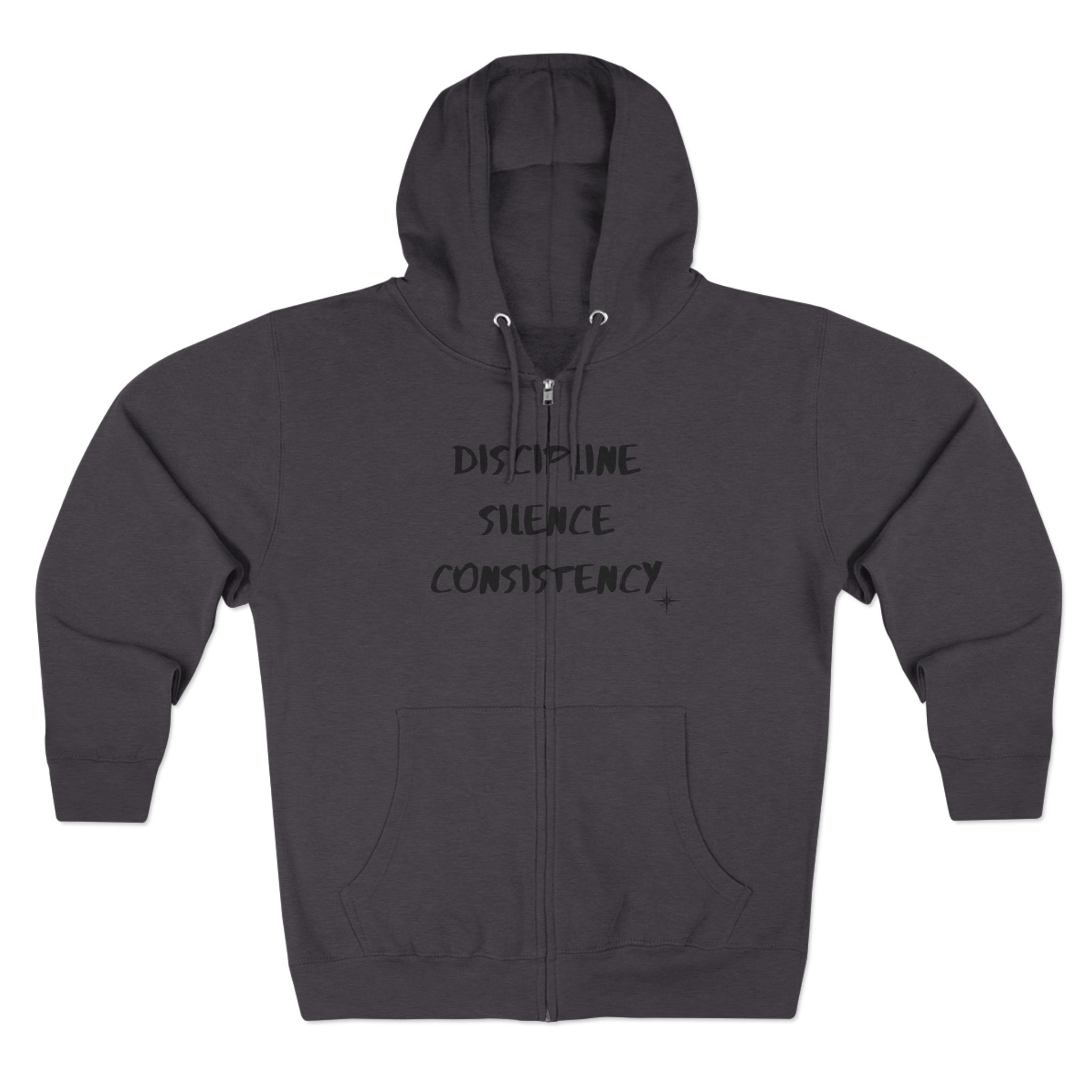 Discipline Silence Consistency Zip Hoodie — Motivational Fitness Zip-Up