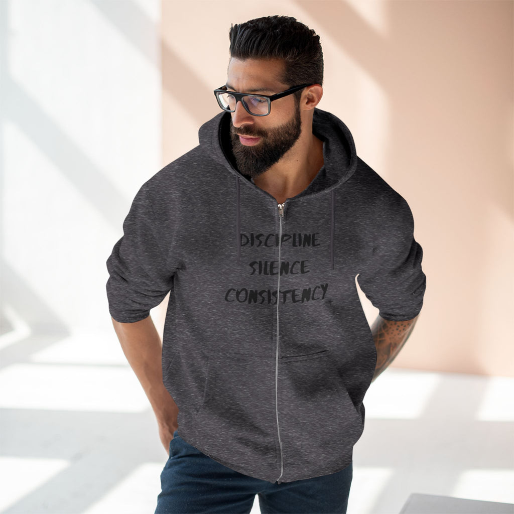 Discipline Silence Consistency Zip Hoodie — Motivational Fitness Zip-Up