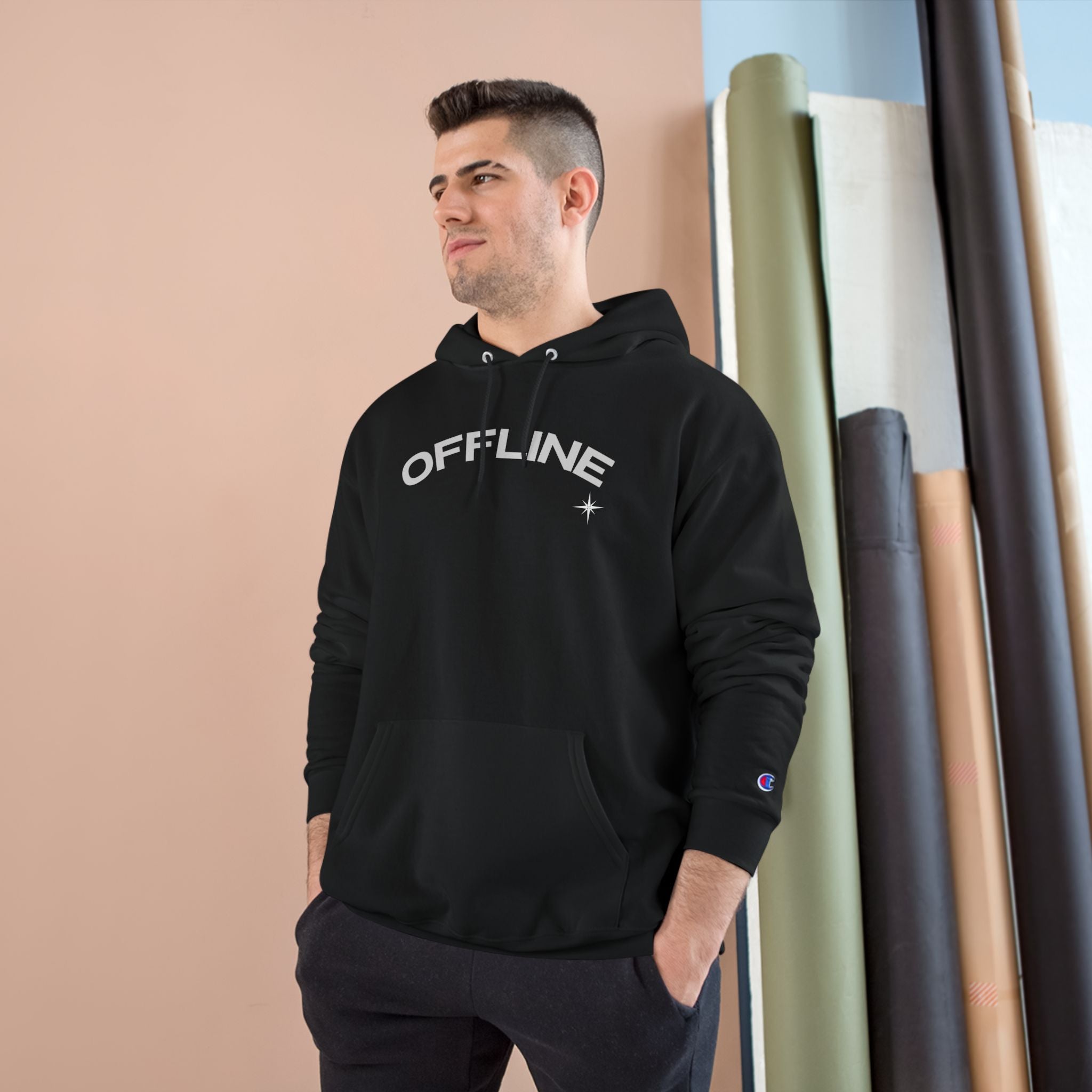 Offline Champion Hoodie - Black Graphic Pullover with 'OFFLINE' Retro Star