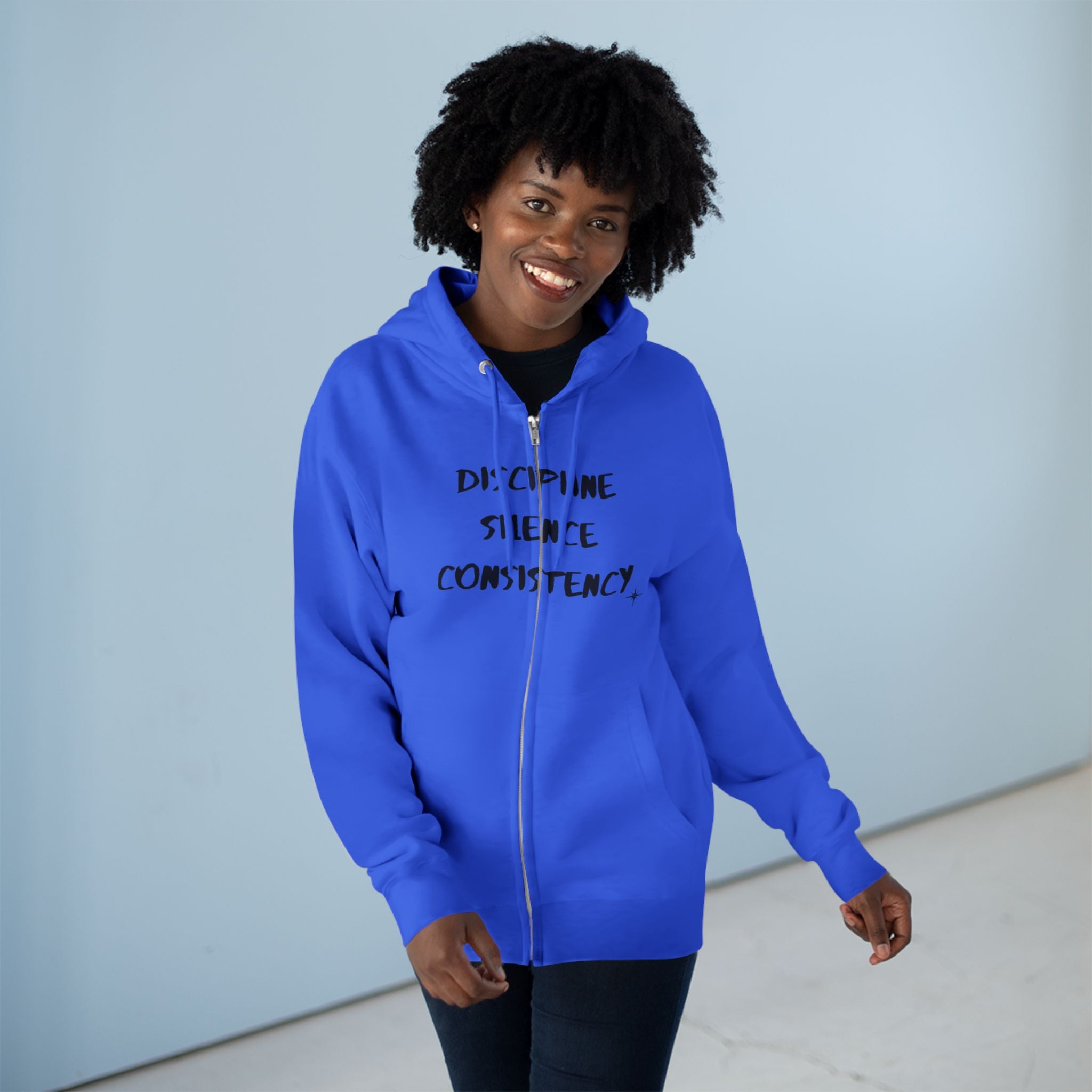 Discipline Silence Consistency Zip Hoodie — Motivational Fitness Zip-Up
