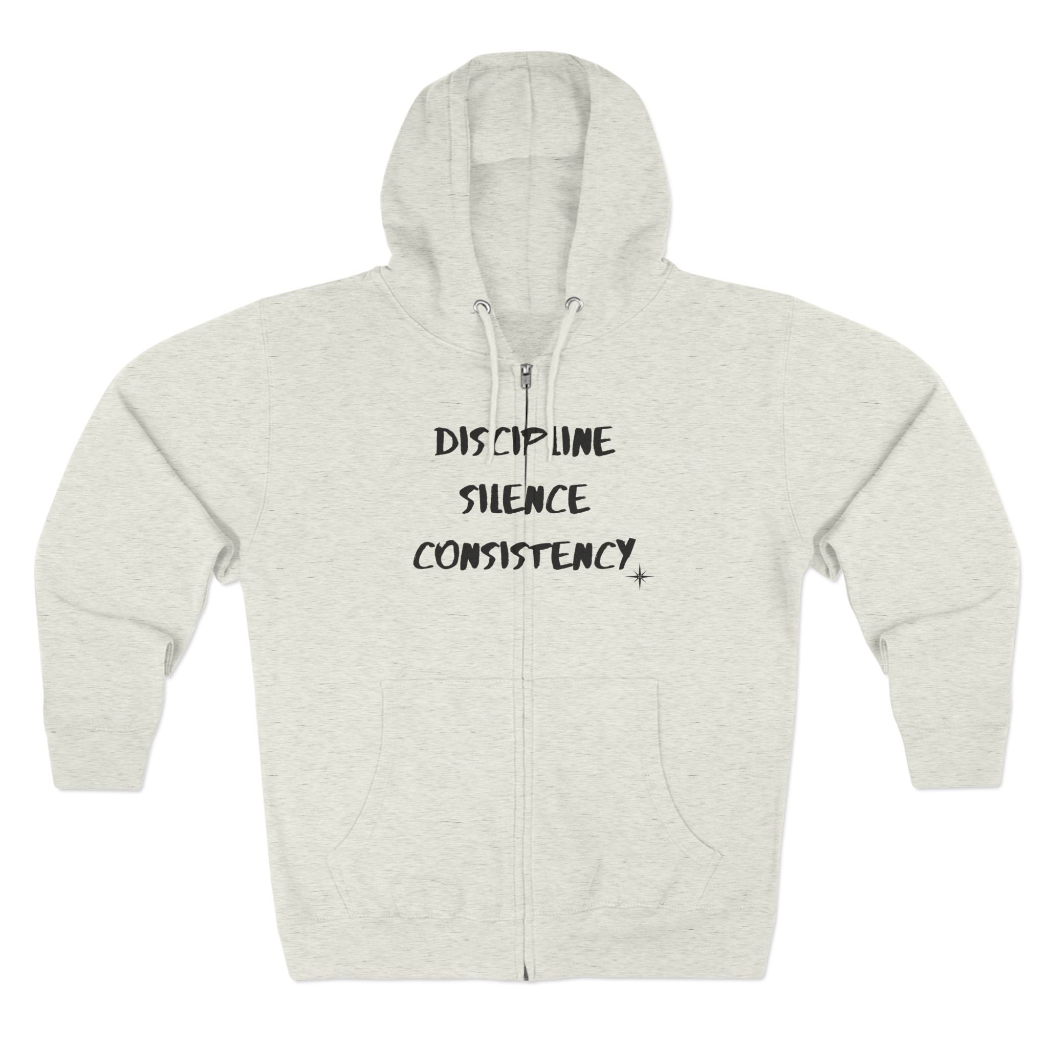 Discipline Silence Consistency Zip Hoodie — Motivational Fitness Zip-Up