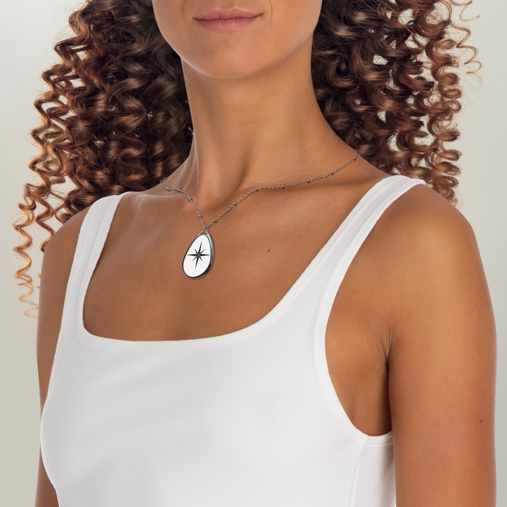 Compass Star Oval Necklace — Engraved Teardrop Pendant Jewelry