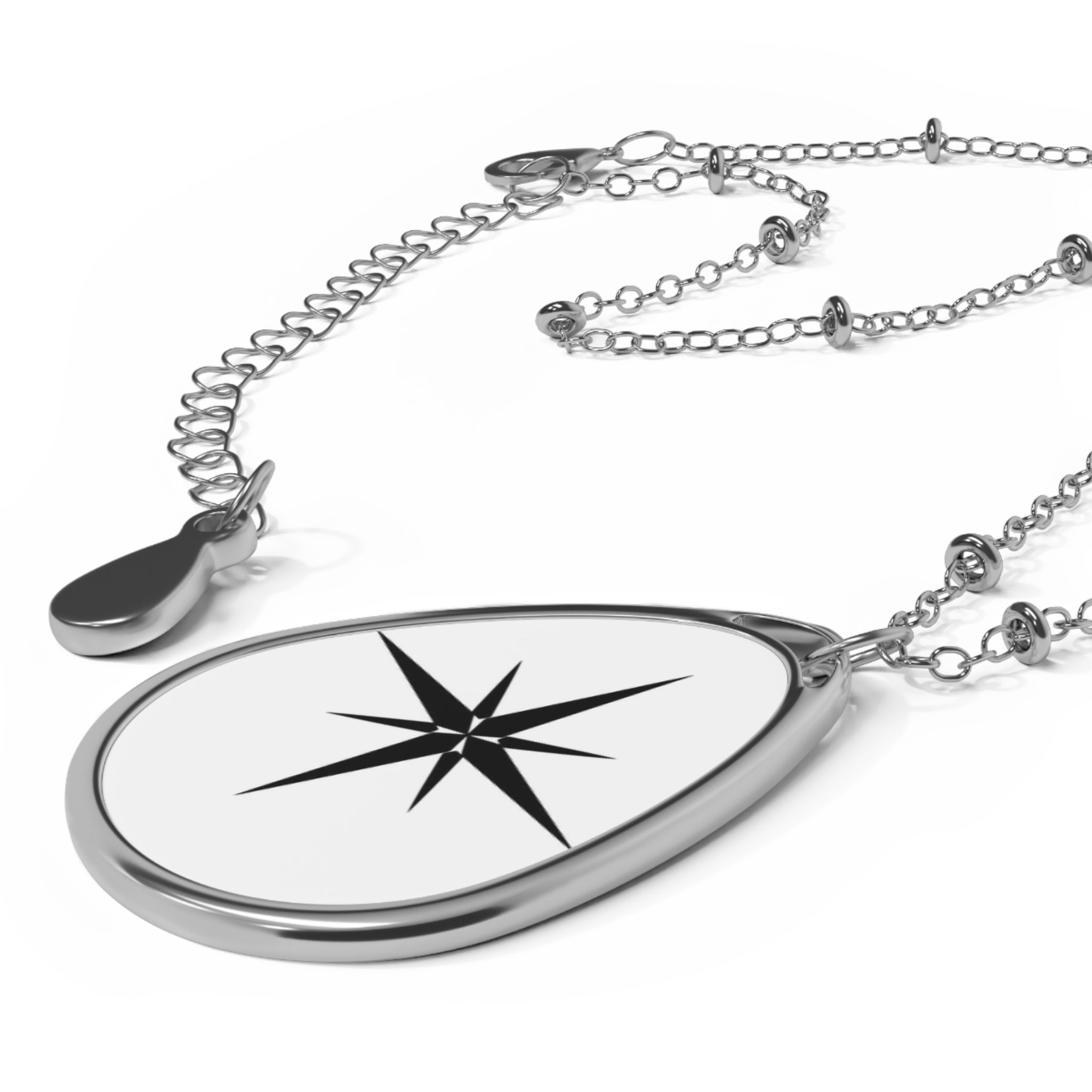 Compass Star Oval Necklace — Engraved Teardrop Pendant Jewelry