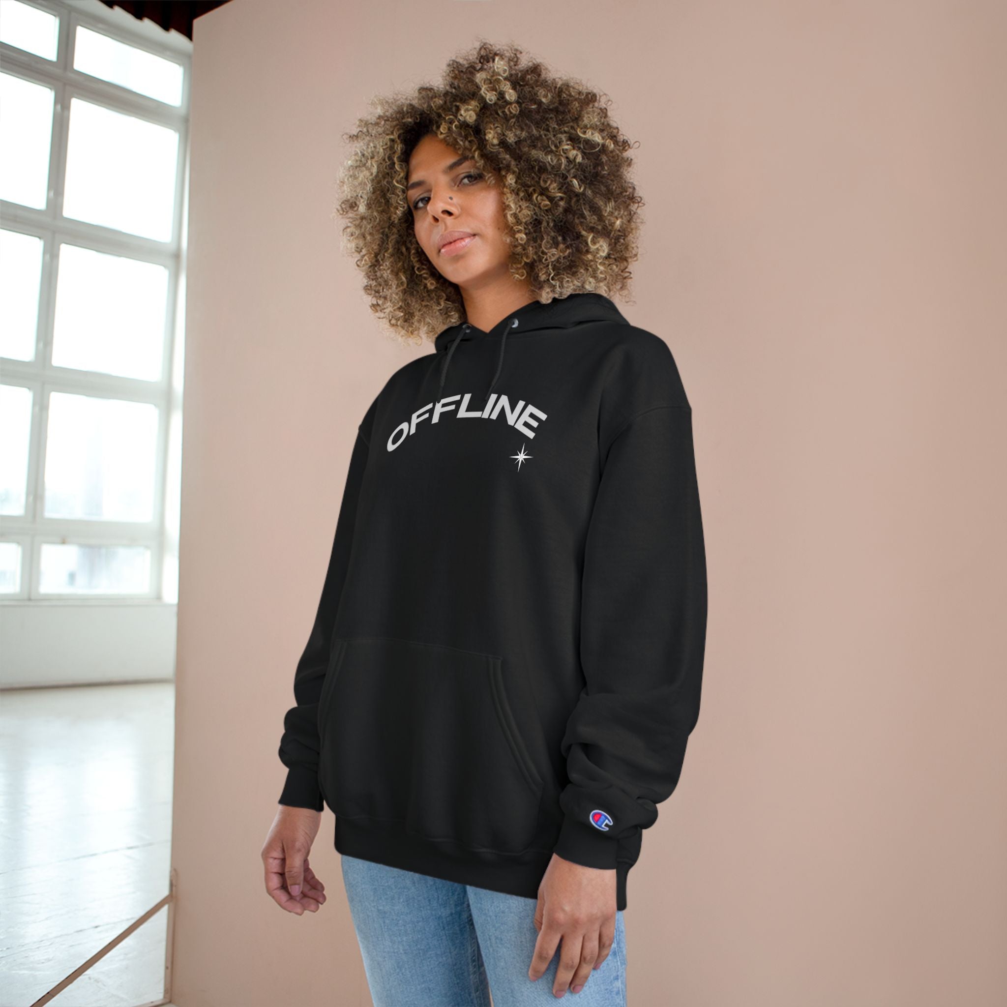 Offline Champion Hoodie - Black Graphic Pullover with 'OFFLINE' Retro Star