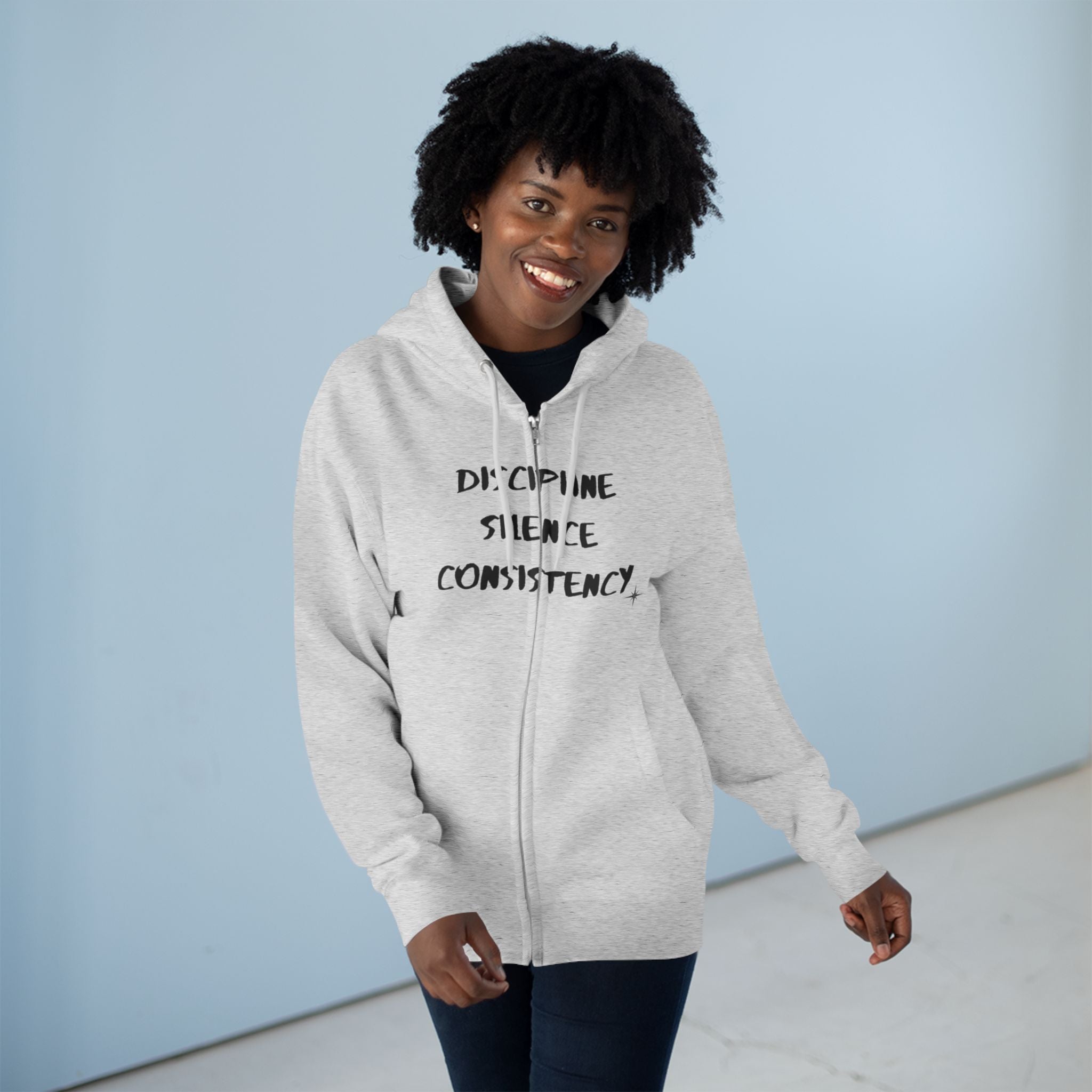 Discipline Silence Consistency Zip Hoodie — Motivational Fitness Zip-Up
